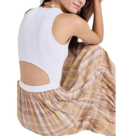 Tanya Taylor Cottagecore Dress XL Yellow Plaid Maxi Fall Open Back Boho - Picture 4 of 8